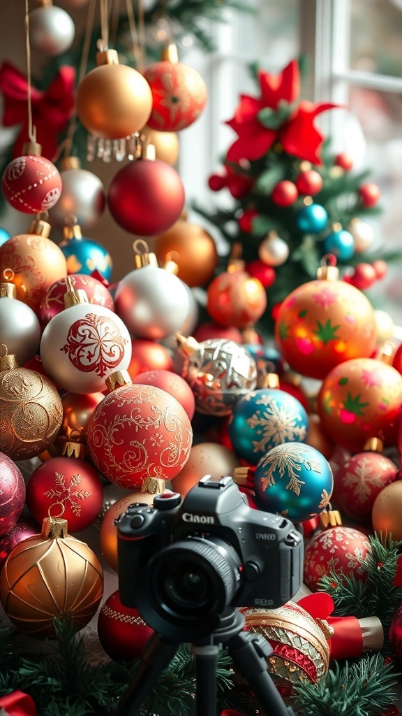 Christmas Ornaments Photography Guide A collection of colorful Christmas ornaments arranged for photography, with soft lighting and a festive background.
